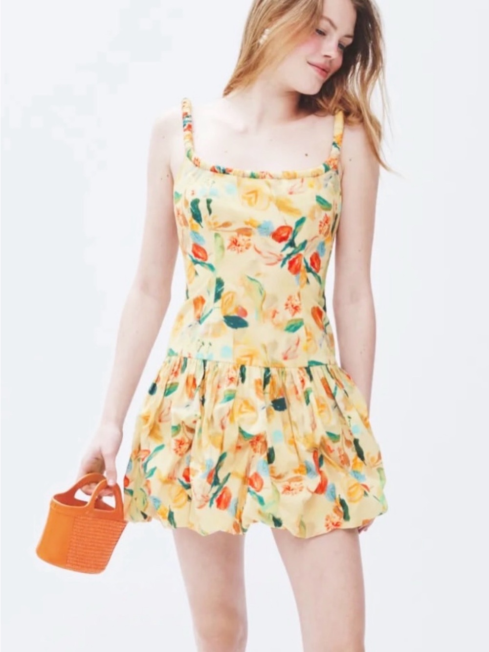 Astr Yellow Floral Mini Dress with Green & Orange Accents